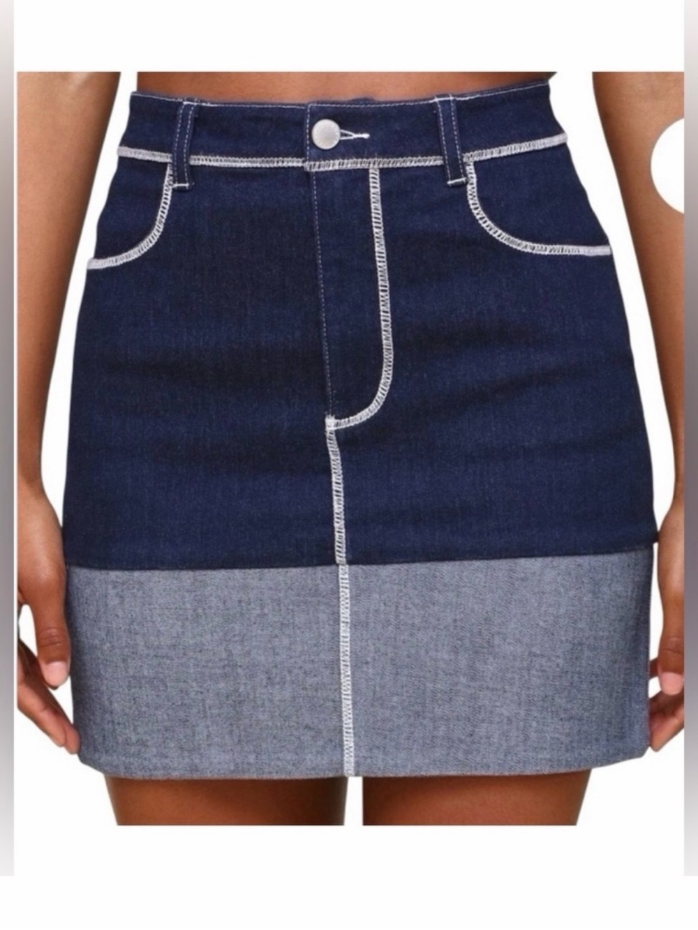 Avec Les Filles Anthropologie Two-Tone Dark Navy & Light Blue Denim Mini Skirt